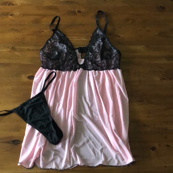 Pink Black lace tulle babydoll set with thong open - Picture 4 of 11